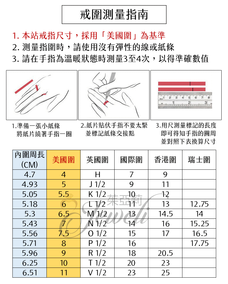 戒指尺寸對照換算表