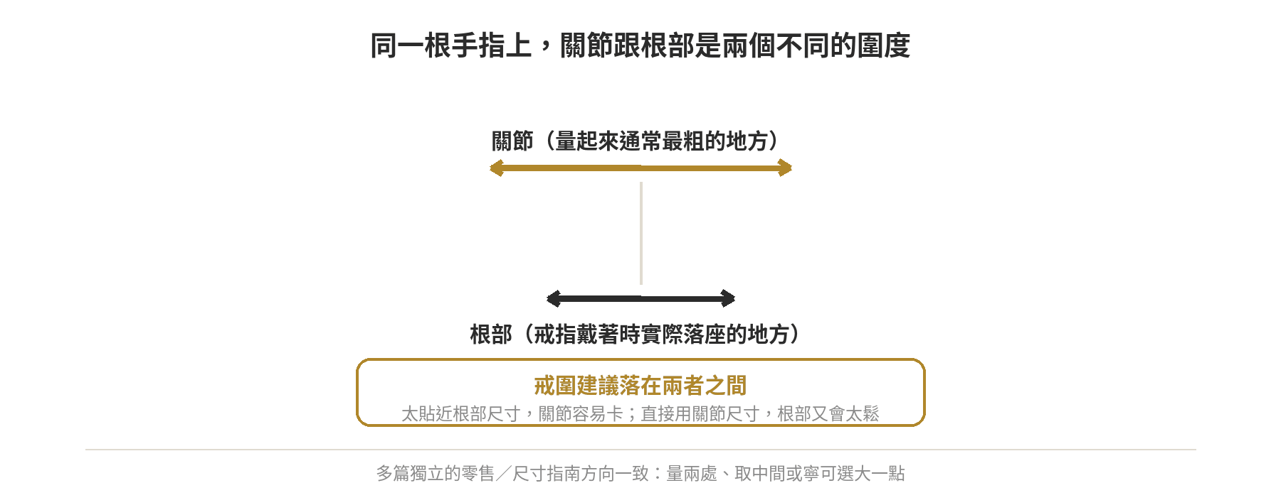 關節與根部圍度對照示意圖：關節通常最粗、根部是戒指實際落座處，戒圍建議取兩者中間