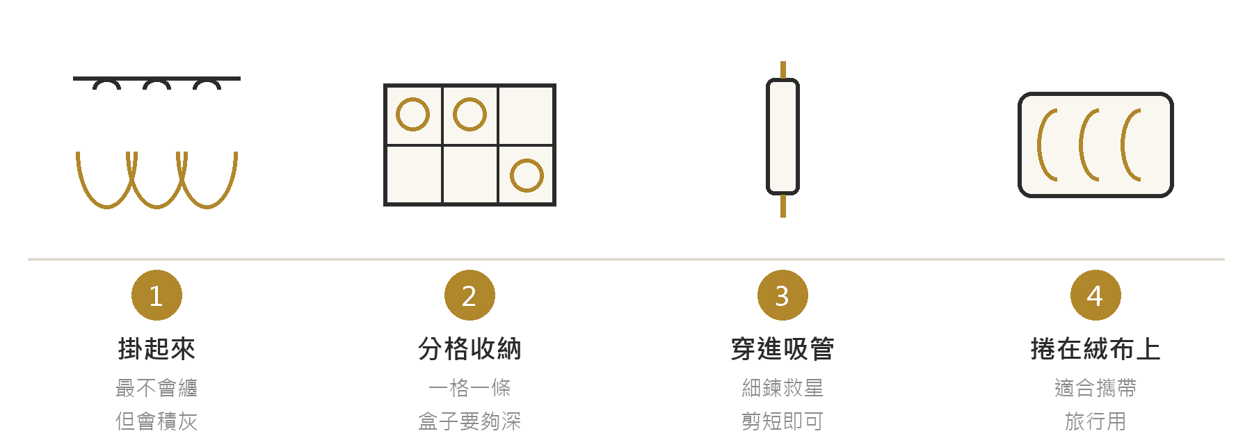項鍊防打結的四種收納方式:掛起來、分格收納、穿進吸管、捲在絨布上